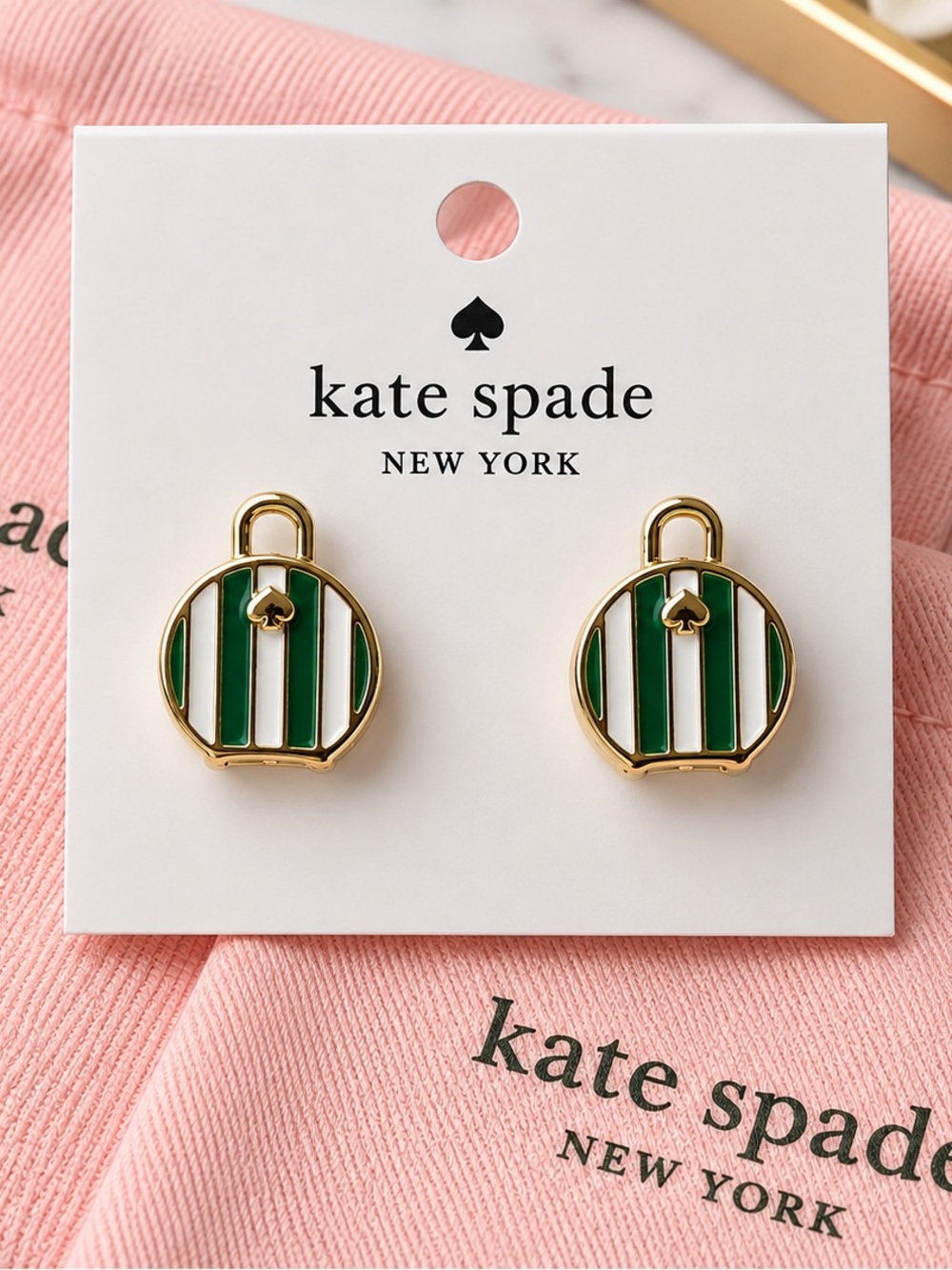 kate spade Green, White & Gold Striped Padlock Stud Earrings